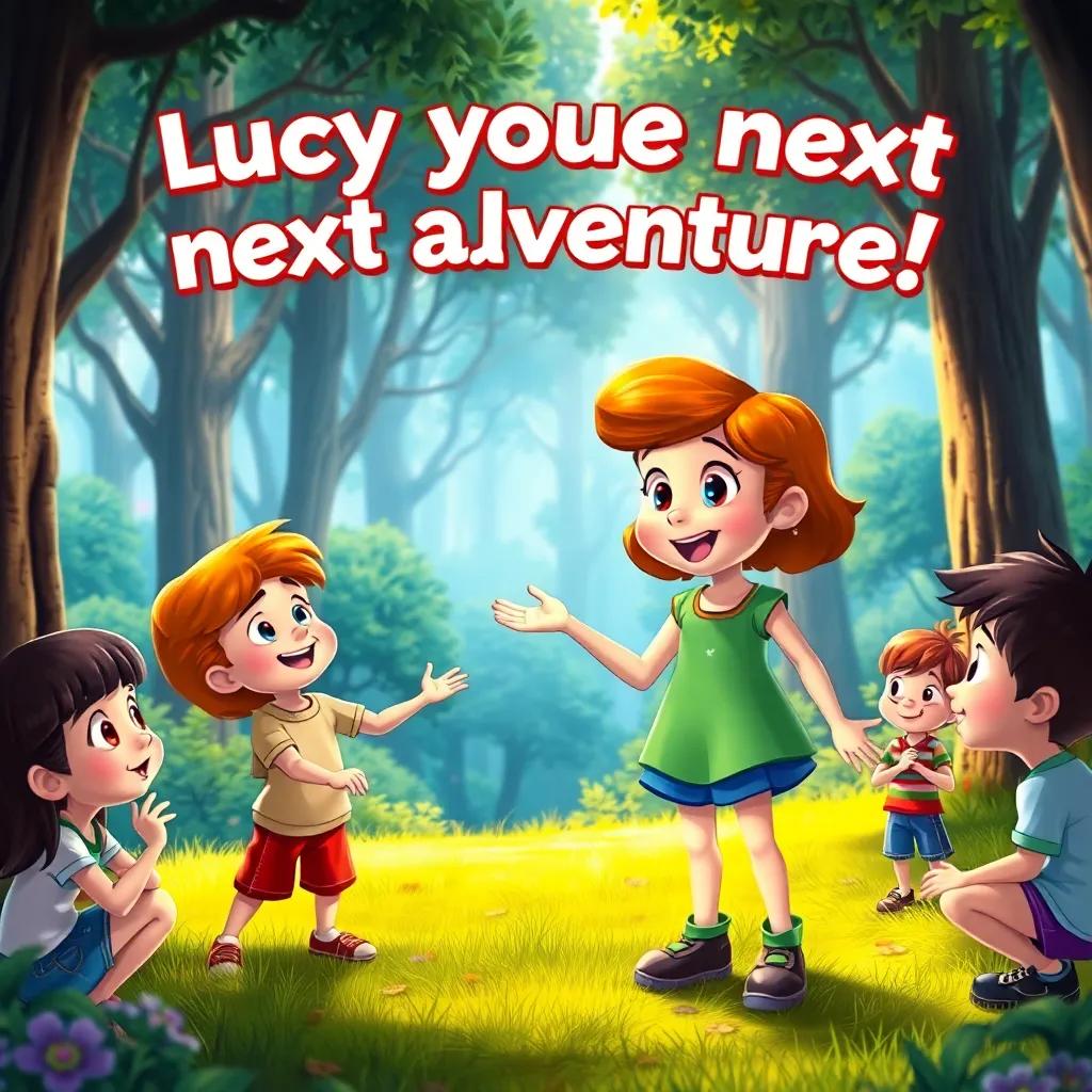 Lucy excitedly proposing their next adventure, all the children are enthusiastic, beautiful forest scene, playful spirit, enchanting colors, dynamic perspective