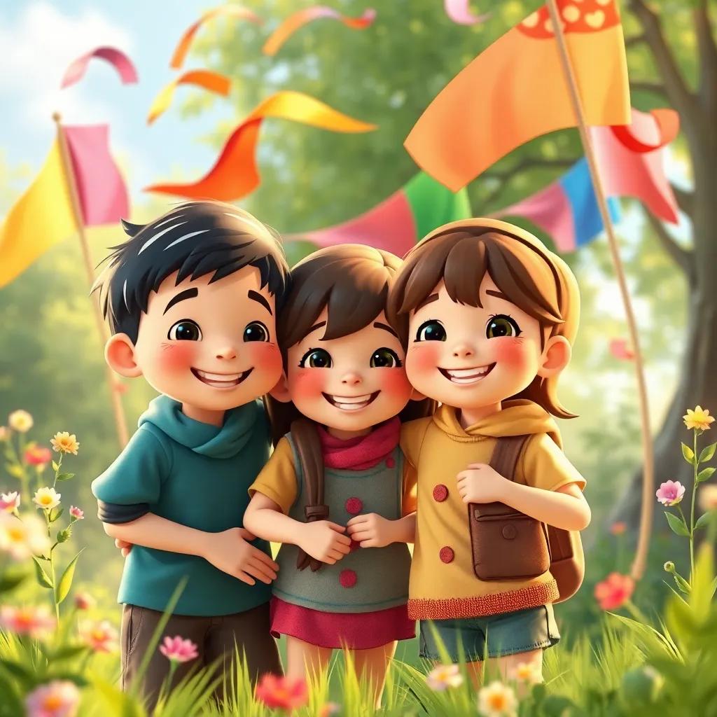 The children’s friendship blooming, surrounded by nature, colorful flags flying in the wind, smiles on their faces, heartwarming atmosphere, artistic warmth, high-quality digital art