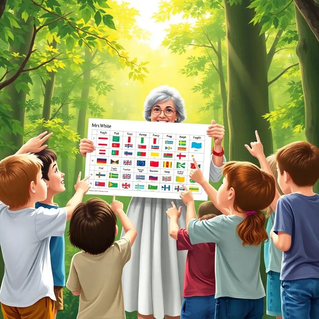 Mrs. White holding a colorful chart of flags, surrounded by excited children pointing towards the forest, lush greenery, bright sunlight filtering through leaves, illustration, friendly, educational, joyful