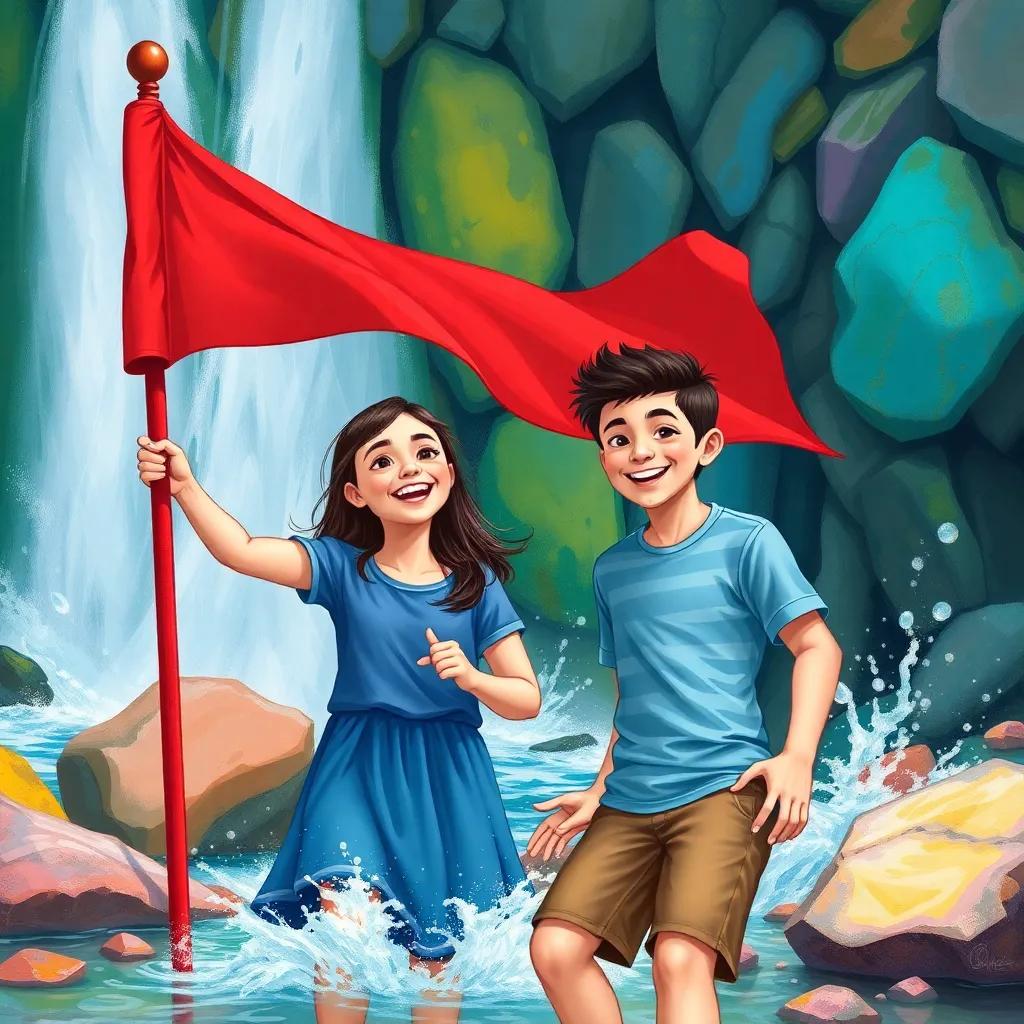 Sarah and Jose happily discovering a red flag near a waterfall with colorful rocks, their faces lit with glee, water splashing, illustration, bright and lively, outdoor fun