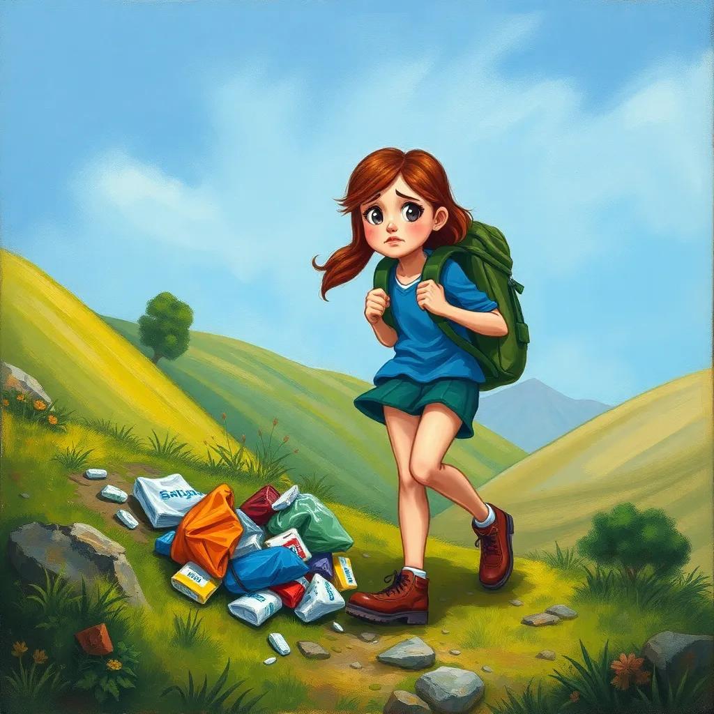 Sarah noticing trash spilling from her backpack on the ground while climbing the hill with Jose, a worried expression turning to determination, nature background, colorful, engaging, storytelling illustration