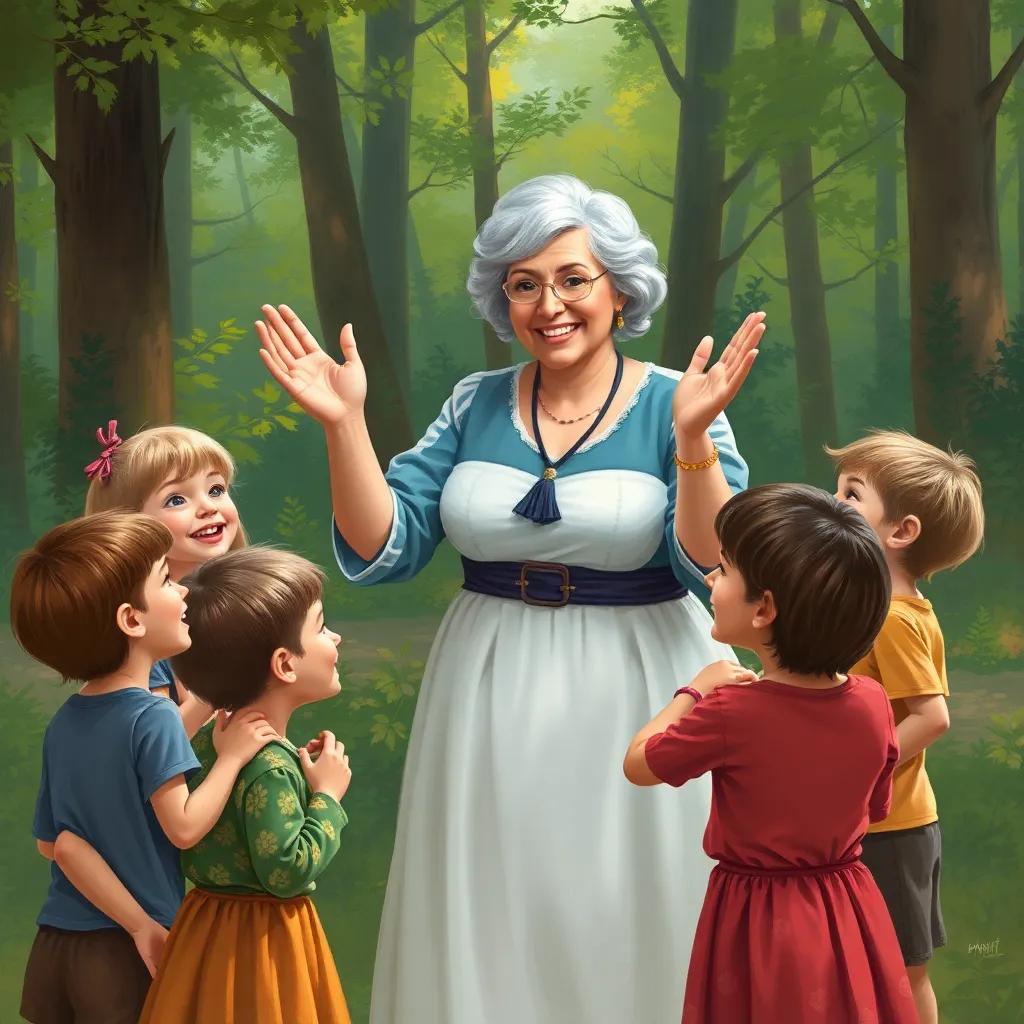 Mrs. White clapping her hands with the children gathered around her rejoicing in their discoveries at the end of the flag hunt, smiling faces, vibrant forest background, digital art, heartwarming scene, high quality