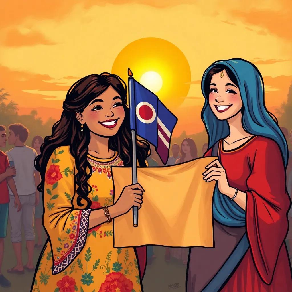 Lucy offering one of her flags to Jose and Sarah, their joyful faces showing gratitude, sun setting in the background, warm colors, friendly ambiance, illustration, community spirit