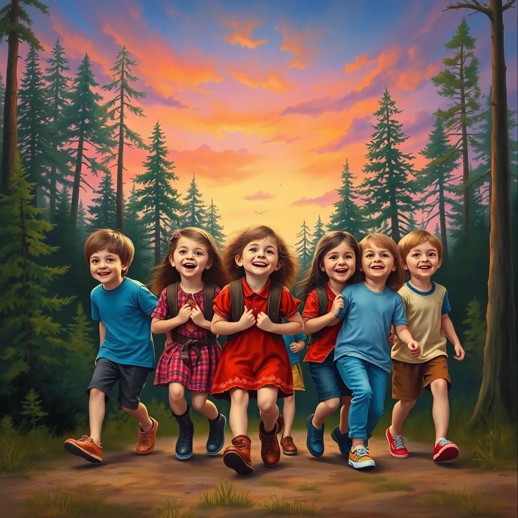 A group of happy children walking back, filled with laughter and joy, surrounded by forest trees under a twilight sky, adventure-filled atmosphere, colorful, wholesome imagery
