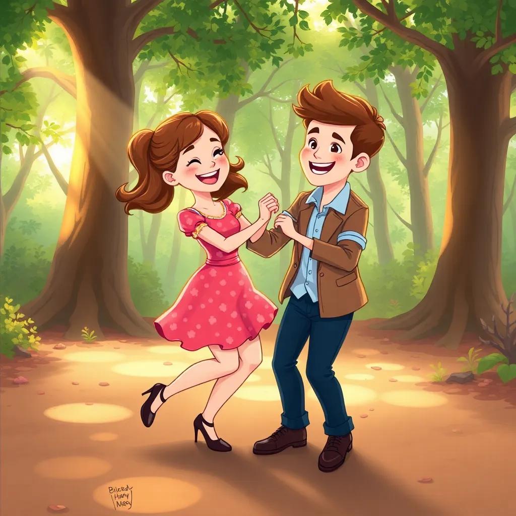 Lucy pulling Austin into a playful dance, their avatars glowing with excitement, bright forest backdrop, soft sunlight, colorful, cheerful illustration