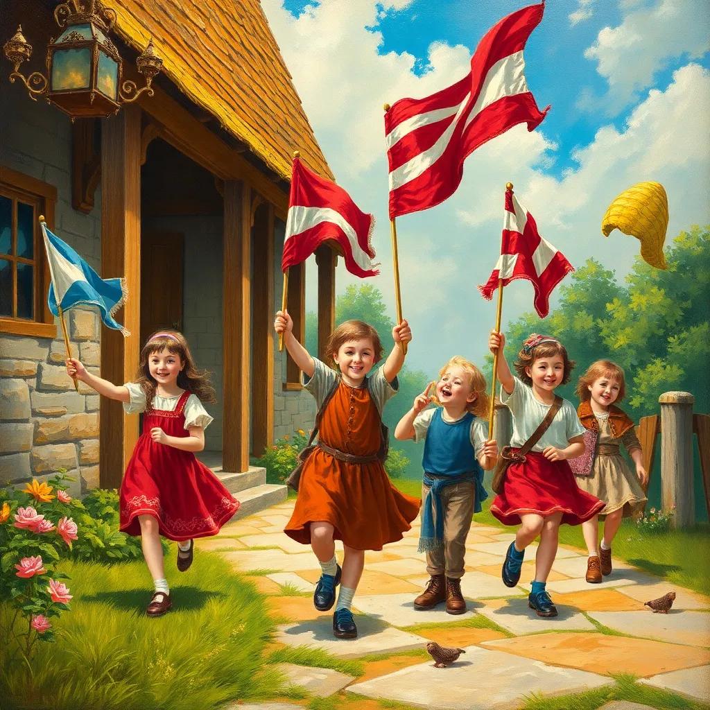Children returning home with their flags in hand, enjoying their friendship and the day’s adventures, heartwarming scene, detailed, colorful, uplifting atmosphere.