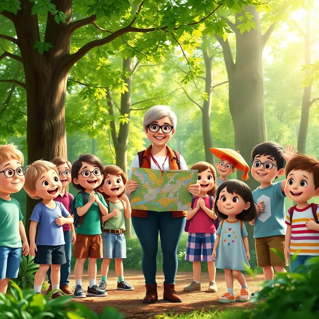 A teacher, Mrs. White, standing in front of a group of excited children in a forest clearing, holding a colorful map, bright sunlight filtering through green leaves, smiling faces, cheerful atmosphere, digital art, vibrant colors, engaging scene, high quality