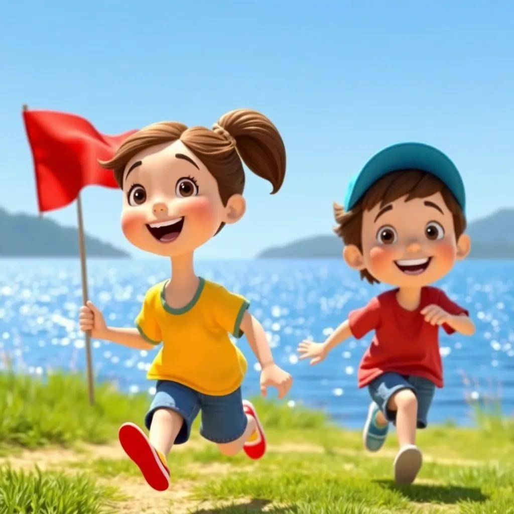 Two children, Lucy and Austin, running joyfully towards a sparkling lake, Lucy with brown hair in a ponytail and wearing a yellow t-shirt, Austin with wavy hair in a blue cap and a red shirt, a bright red flag waving in the breeze by the water, playful scene, cheerful, child-friendly