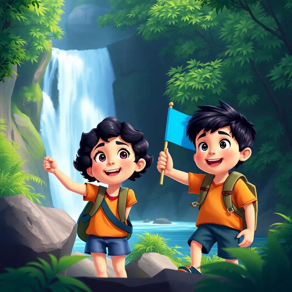 Two children, Sarah with dark curly hair and Jose with short black hair, spotting a bright blue flag near a waterfall, surrounded by lush green trees and cascading water, expressions of excitement, adventure-themed, colorful illustration, engaging