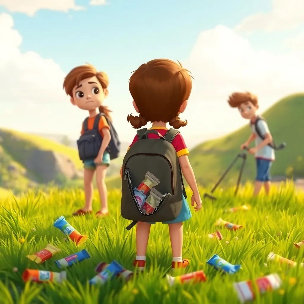 Sarah looking worried at her backpack with open zipper, wrappers scattered on the grass, as Jose helps her pick up the trash, in a sunny hilltop setting, representing friendship and responsibility, digital art, warm colors, uplifting