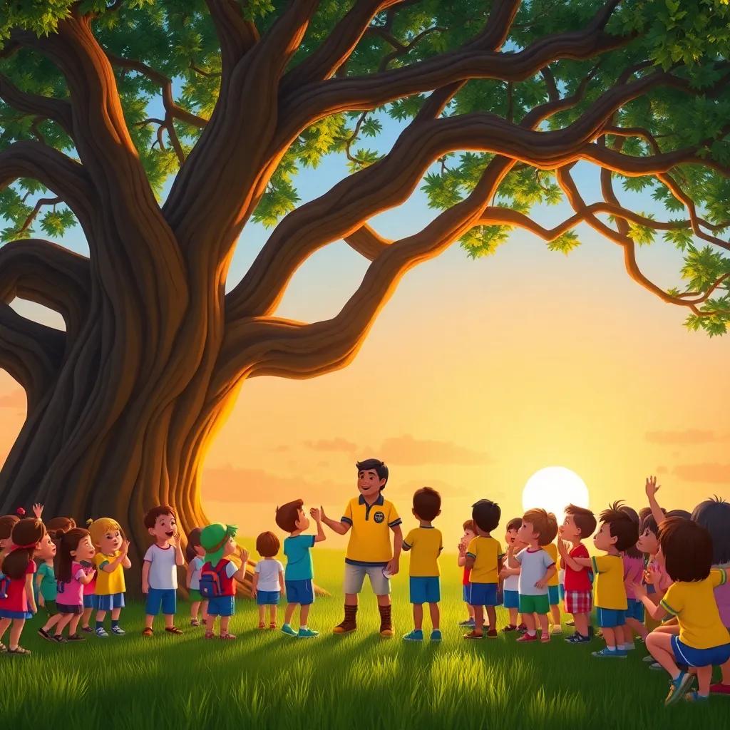 Children gathering under a big old oak tree, a teacher announcing the yellow team's victory, children smiling and cheering, a beautiful sunset background, joyful atmosphere, illuminated colors, clear perspective, high quality