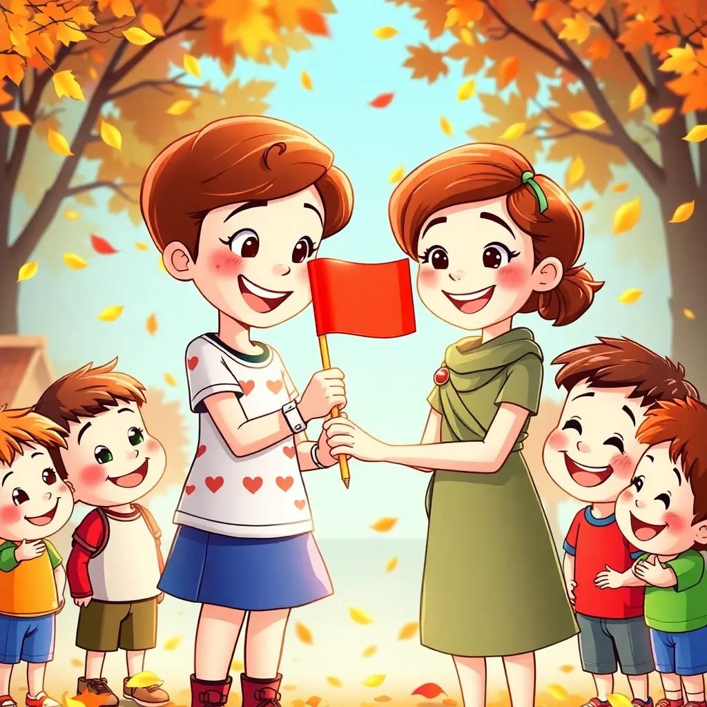 Lucy handing a flag to Sarah, surrounded by happy children, with bright smiles, showing kindness and sharing, leaves falling around them, heartwarming atmosphere, colorful illustration, engaging