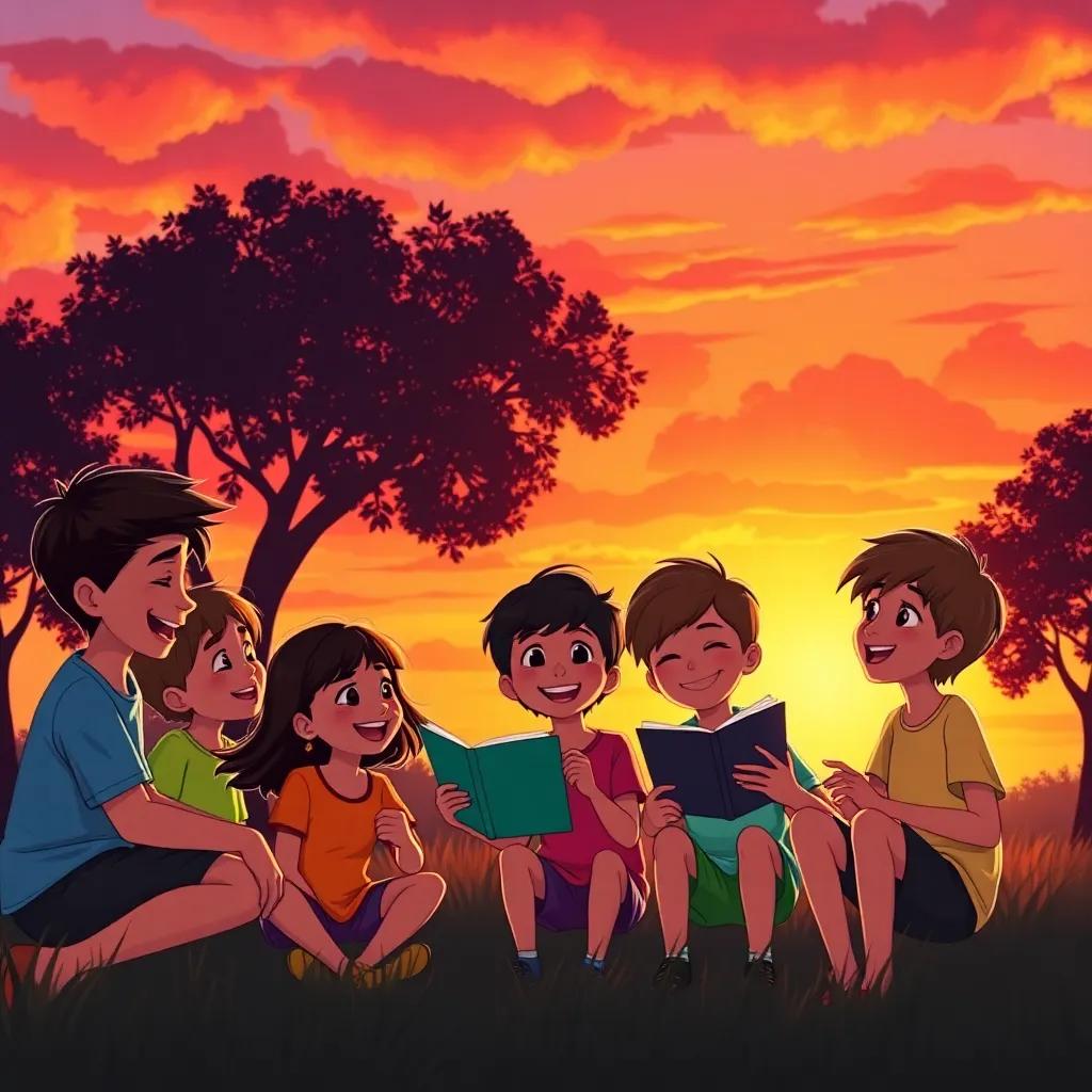 A group of children laughing and sharing stories together as the sun sets, creating a warm and friendly scene, silhouettes of trees against a colorful sky, digital art, vibrant, joyful