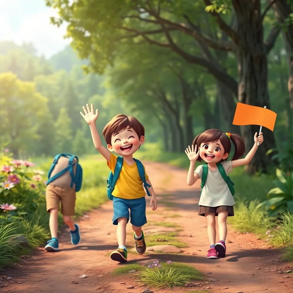 Children waving goodbye cheerfully as they walk back home, holding flags and laughing, a beautiful forest path in the background, capturing the adventure spirit, bright and cheerful colors, inviting atmosphere, high quality