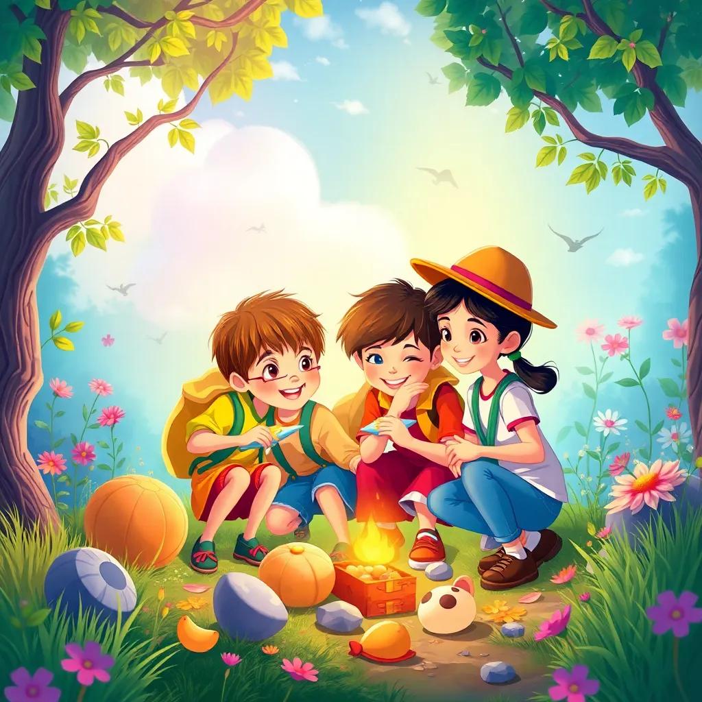 A magical scene illustrating the essence of teamwork and friendship, children exploring together, collecting treasures, vibrant colors, representing joy, adventure, and bonds formed through fun activities, colorful and engaging, high quality