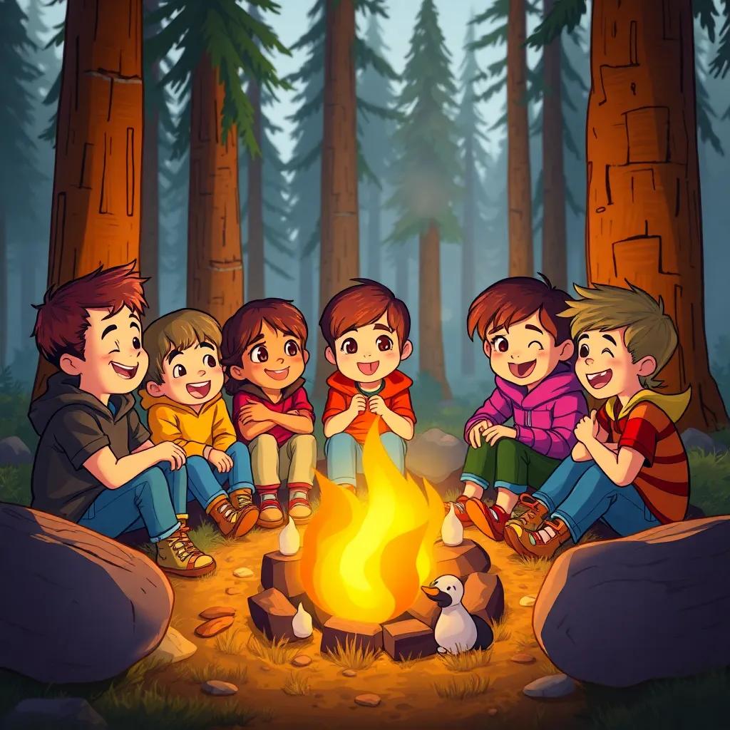 Children planning their next adventure, sitting around a campfire with laughter and joy, surrounded by tall trees, soft glowing firelight, representing friendship and fun, digital art, heartwarming, inviting atmosphere, high quality