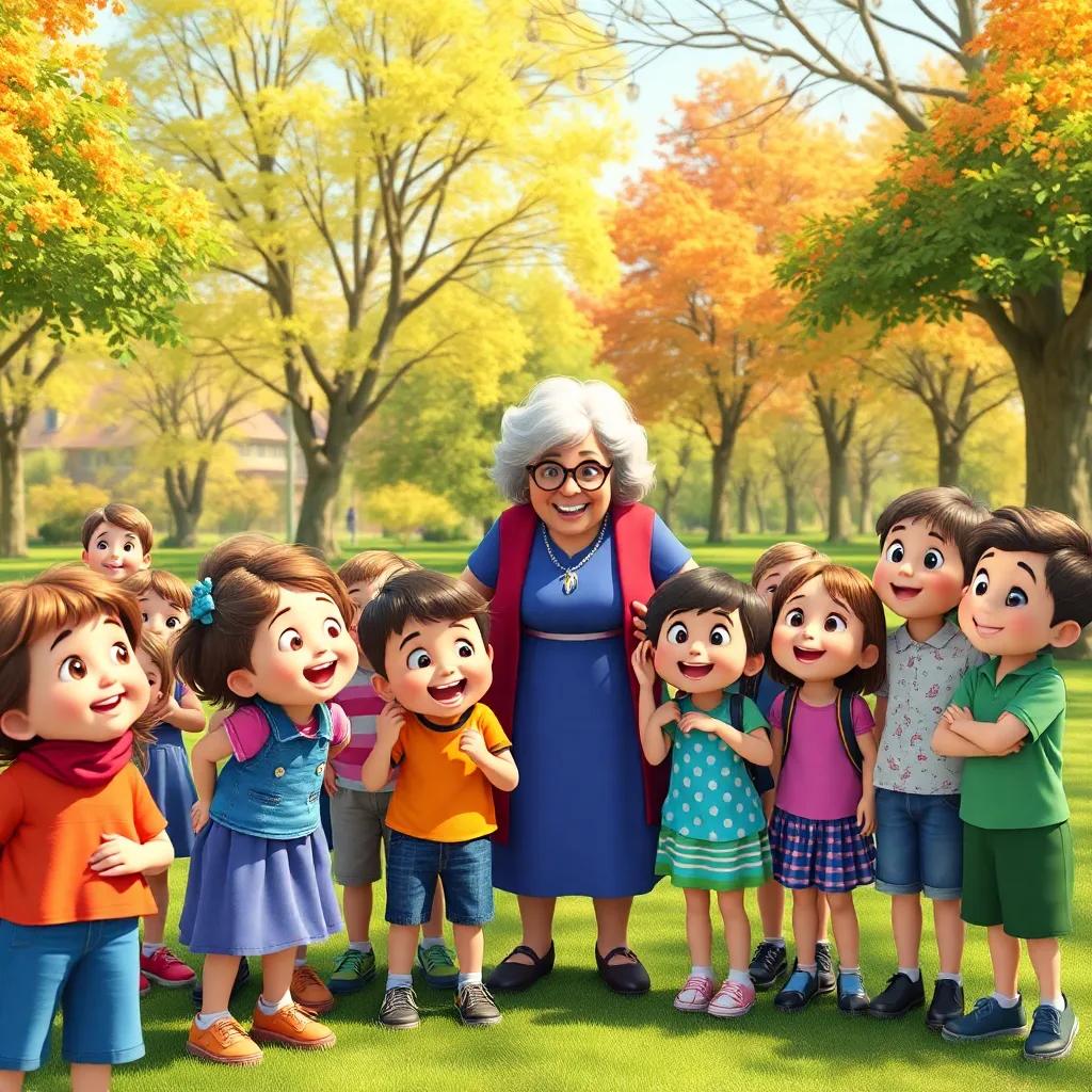 The children gathered excitedly around Mrs. White in a sunny park, cheerful expressions on their faces, digital art, vibrant colors, inviting atmosphere, high quality