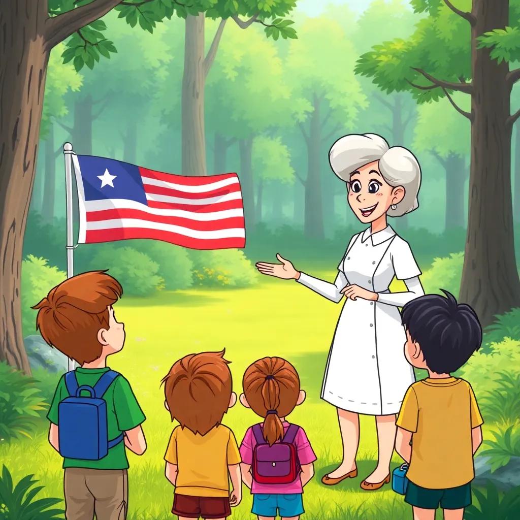 Mrs. White explains the rules of the flag hunt with enthusiasm, children listening attentively, a beautiful green forest backdrop, illustration, cheerful and engaging, colorful
