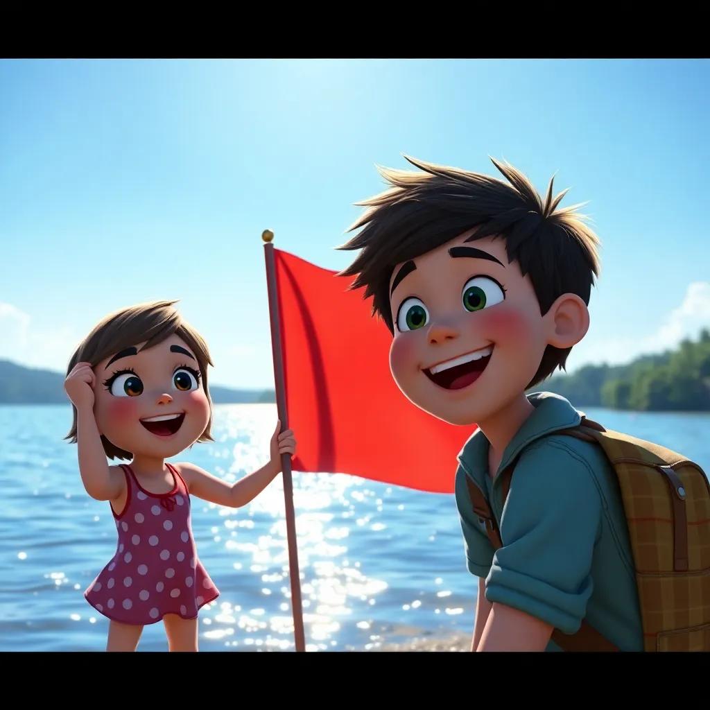 Lucy and Austin find a flag at a sparkling lake, their faces filled with excitement, a clear blue sky and shimmering water, digital painting, bright and lively, high detail