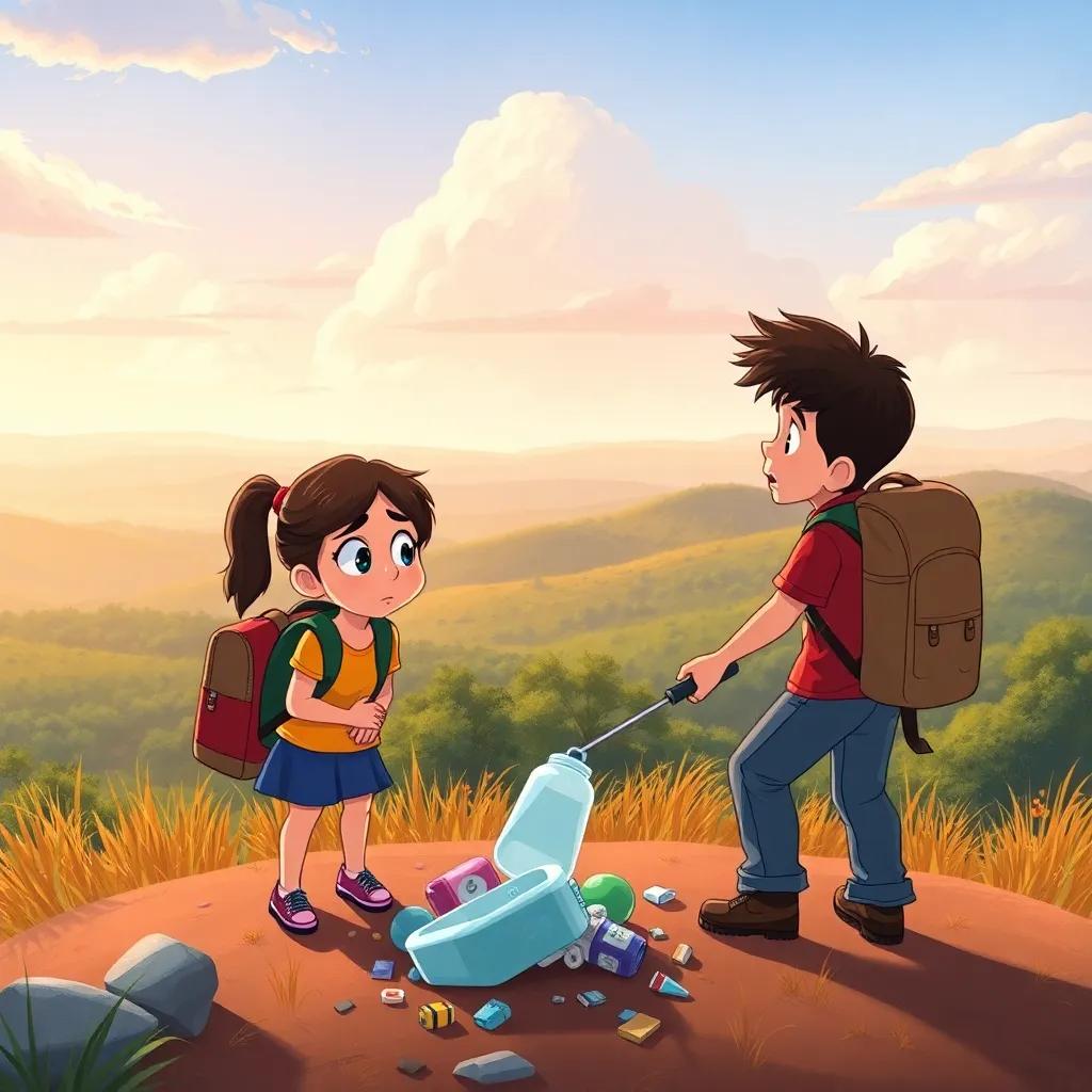 Sarah looks worried as she sees trash scattered from her open backpack on the hilltop, while Jose helps her pick it up, with expressive faces and a serene landscape, illustration, thoughtful and caring, vibrant colors