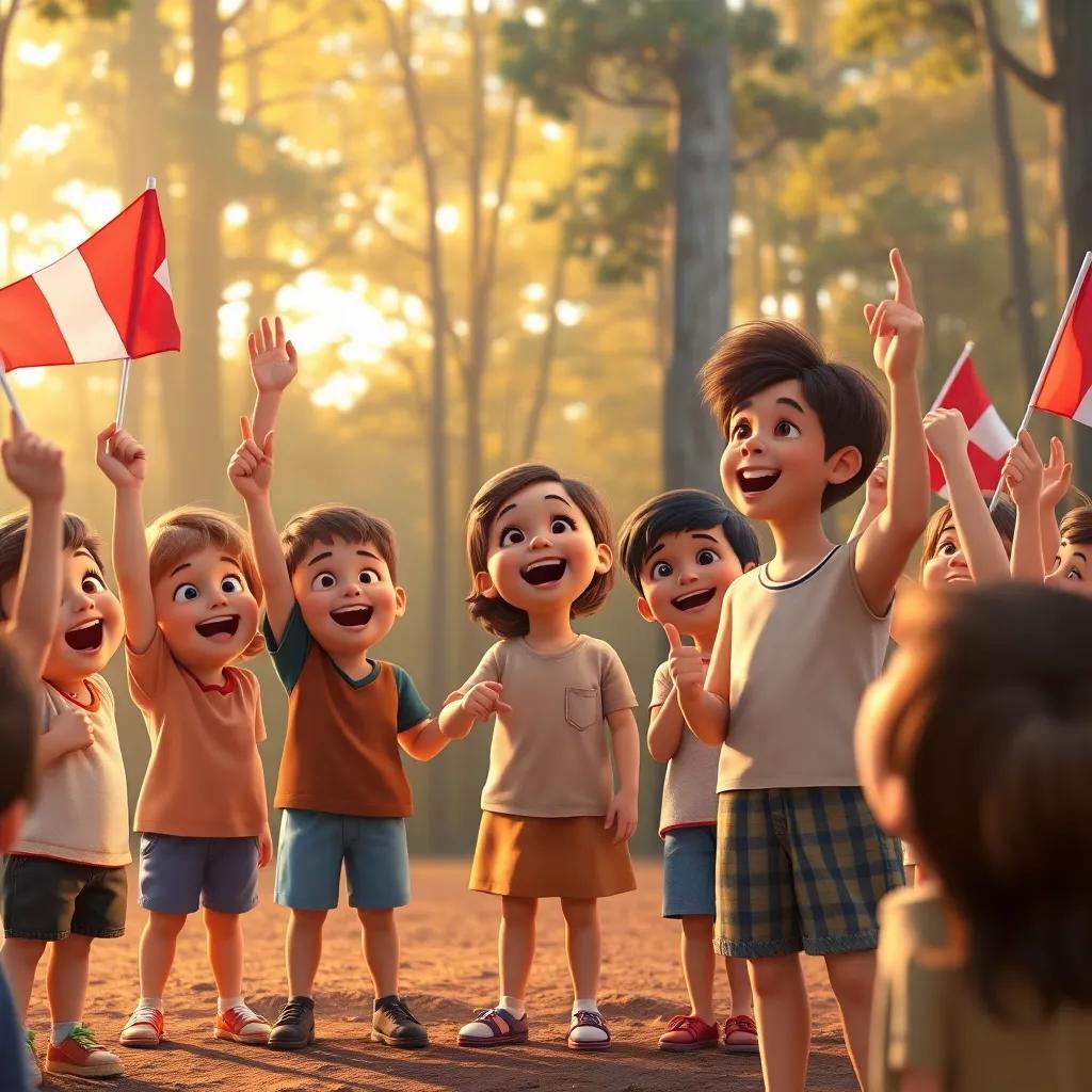 The children celebrate as Mrs. White announces the winners, flags waving in the air with big smiles, a backdrop of the forest in evening light, digital art, festive atmosphere, high quality