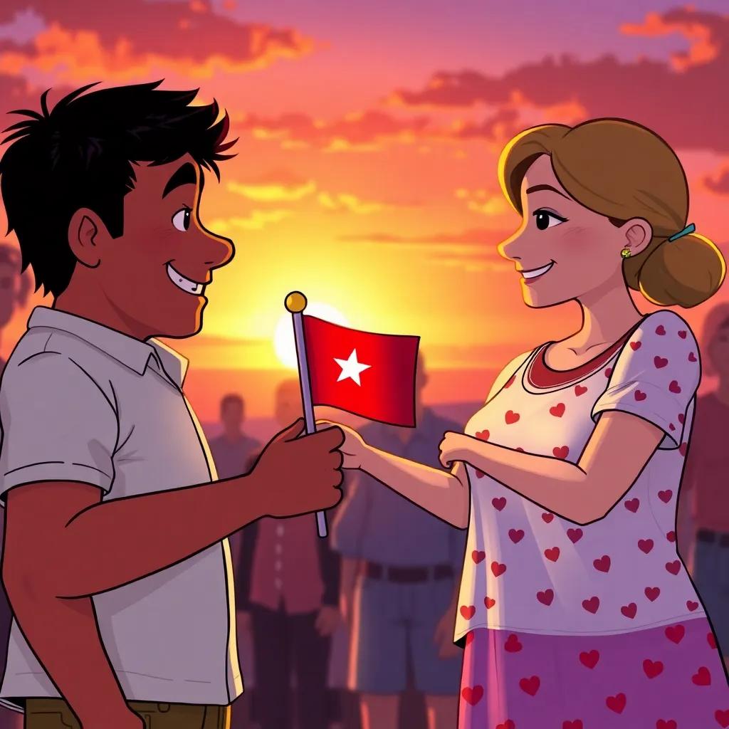 Lucy generously offers an extra flag to Jose and Sarah, everyone smiling, the glow of sunset creating a warm ambiance, illustration, heartfelt moment, rich colors
