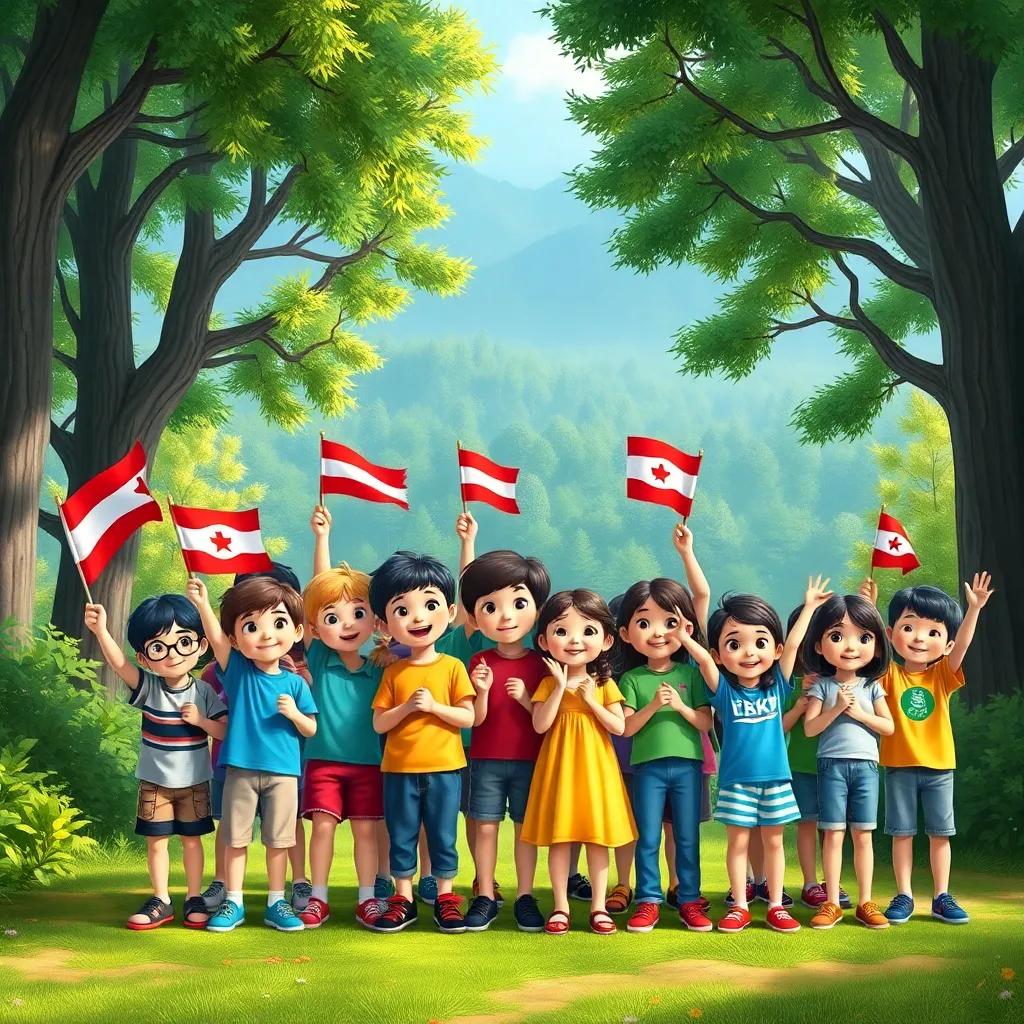All the children gather together for a group photo, proudly holding their flags against a stunning forest view, happiness radiates from their faces, digital painting, joyful and vibrant, high quality