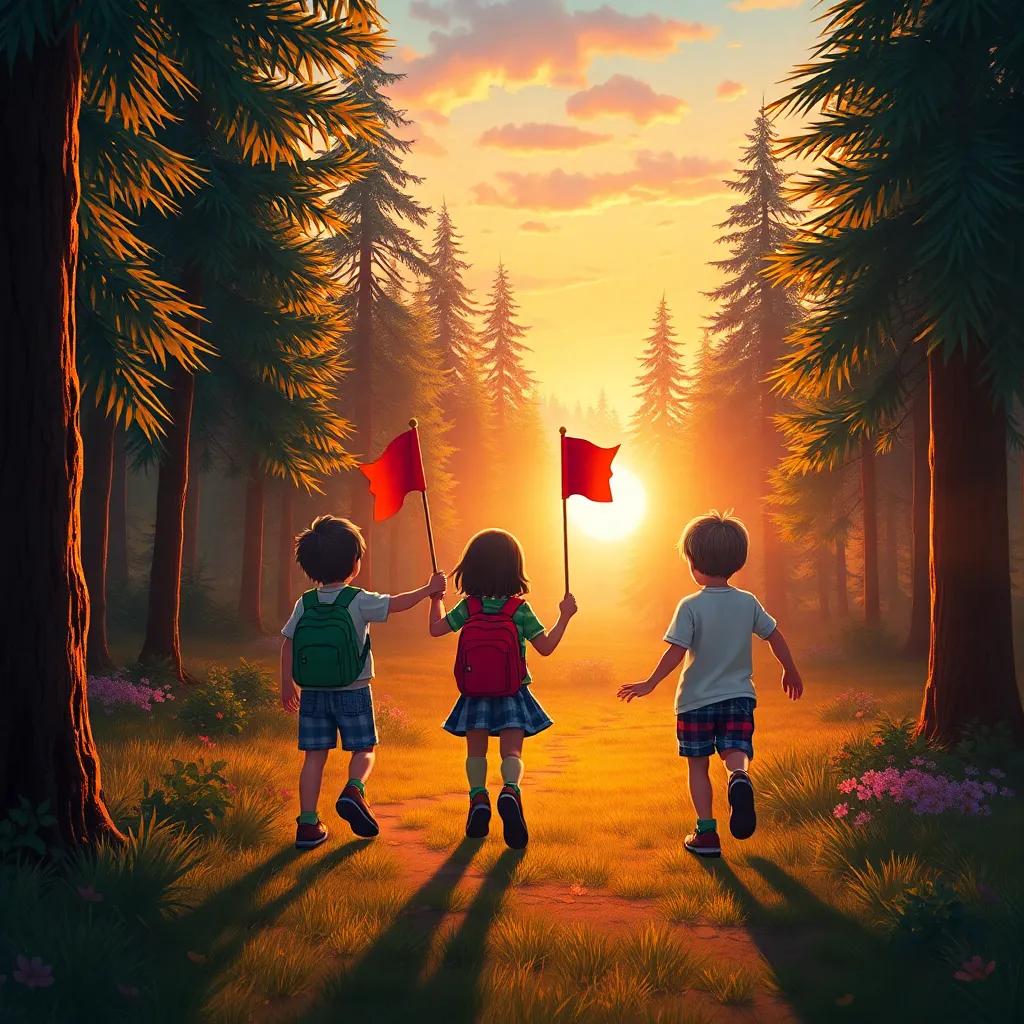 A picturesque forest scene at sunset, the children walking back together, chatting and laughing with flags in hand, a sense of friendship and teamwork in the air, colorful landscape, beautifully detailed, enchanting