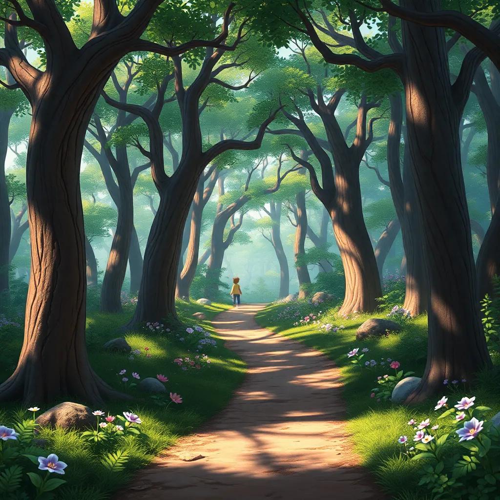 The forest path leading to the children's adventure, filled with trees and flowers, capturing the spirit of exploration, digital art, whimsical and inviting, enchanting atmosphere