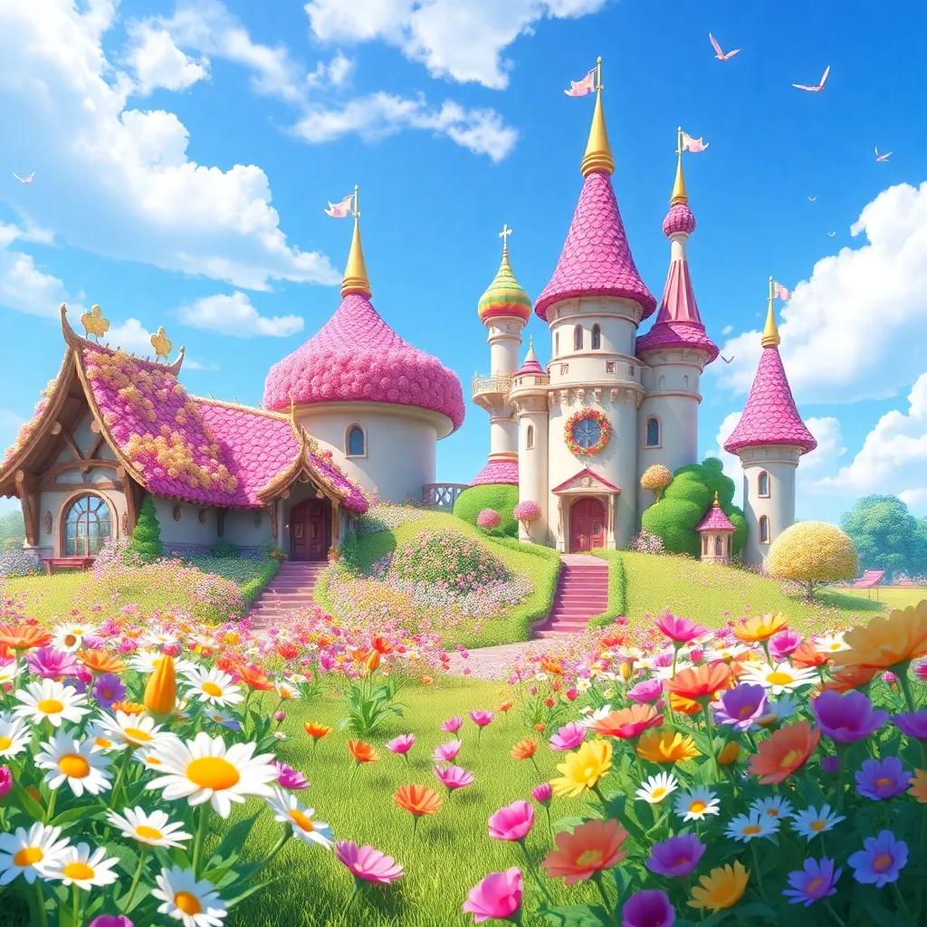 A magical kingdom called Blossomland filled with flowers, vibrant colors and a bright blue sky, joyful atmosphere, digital art, enchanting, high quality