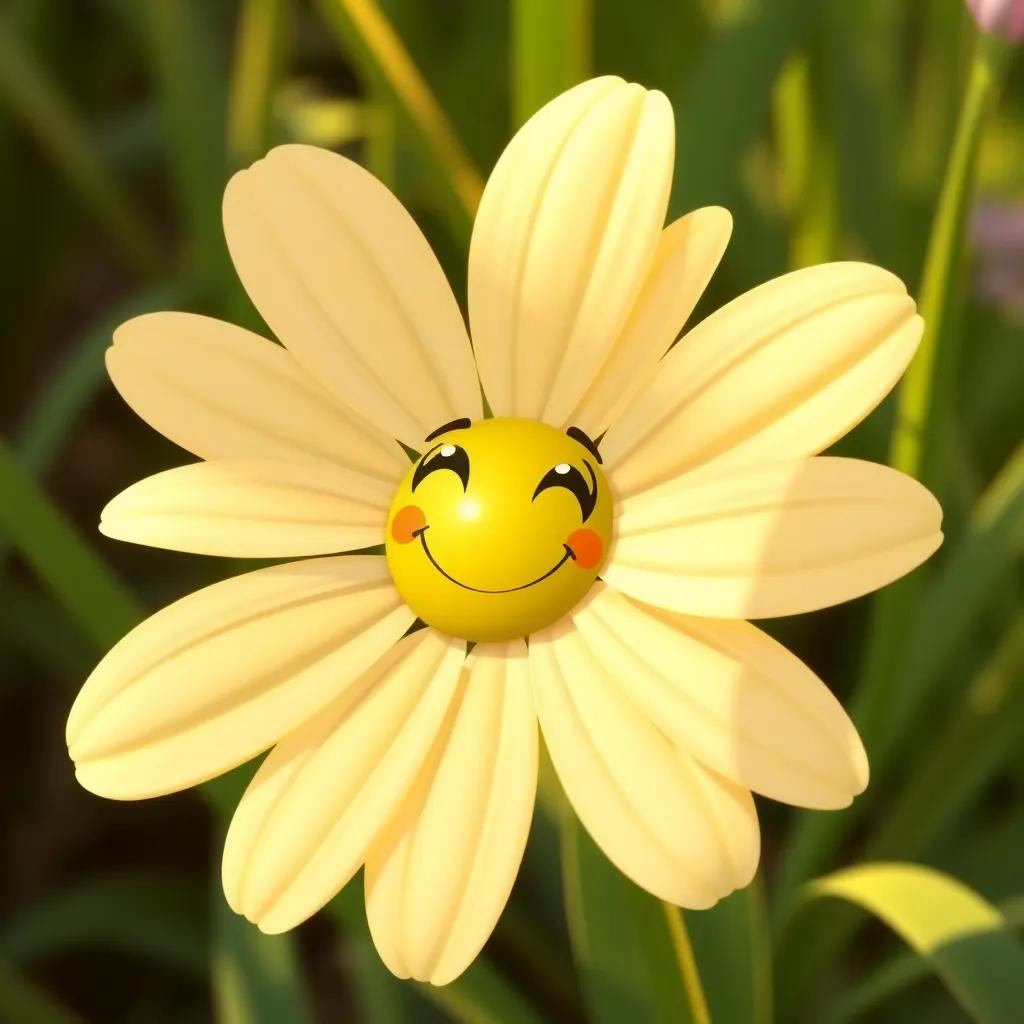 Daisy, a cheerful yellow flower from England, smiling brightly with sunny petals, surrounded by greenery, illustration, cheerful, warm light, high detail