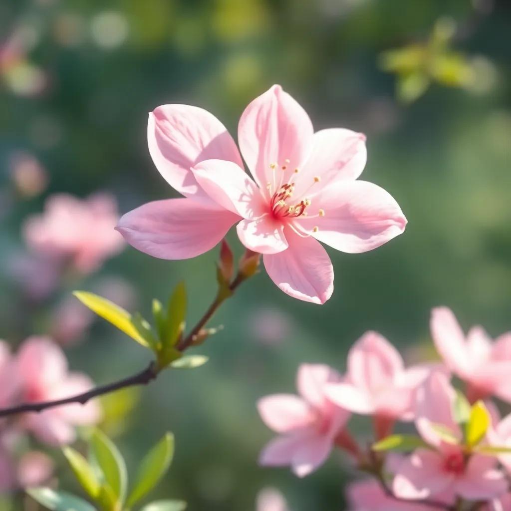 Sakura, a pink flower from Japan, delicate and graceful, blooming with soft petals, gentle breeze, enchanting garden, digital painting, peaceful, calm setting