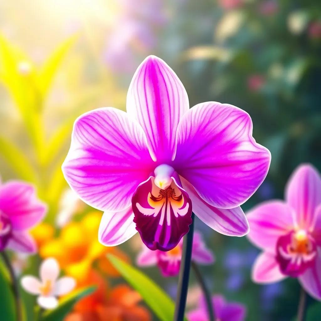 A stunning orchid named Zara, vibrant purple and white petals, attracting attention in the garden, with other flowers around her, colorful illustration, beautiful, bright light