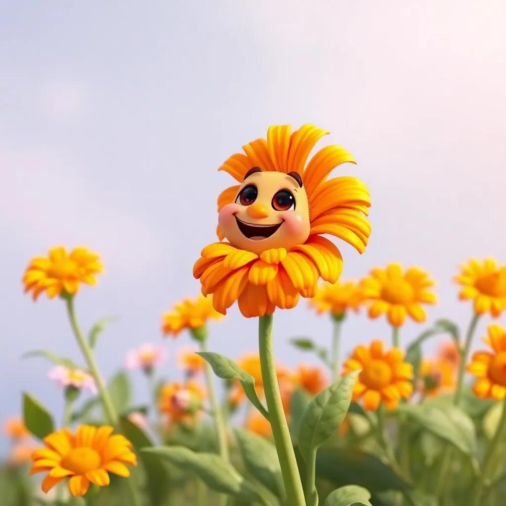 Rajah, a mesmerizing marigold from India, standing proud with striking orange and yellow hues, sharing stories with other flowers, cheerful and lively, kid-friendly digital art