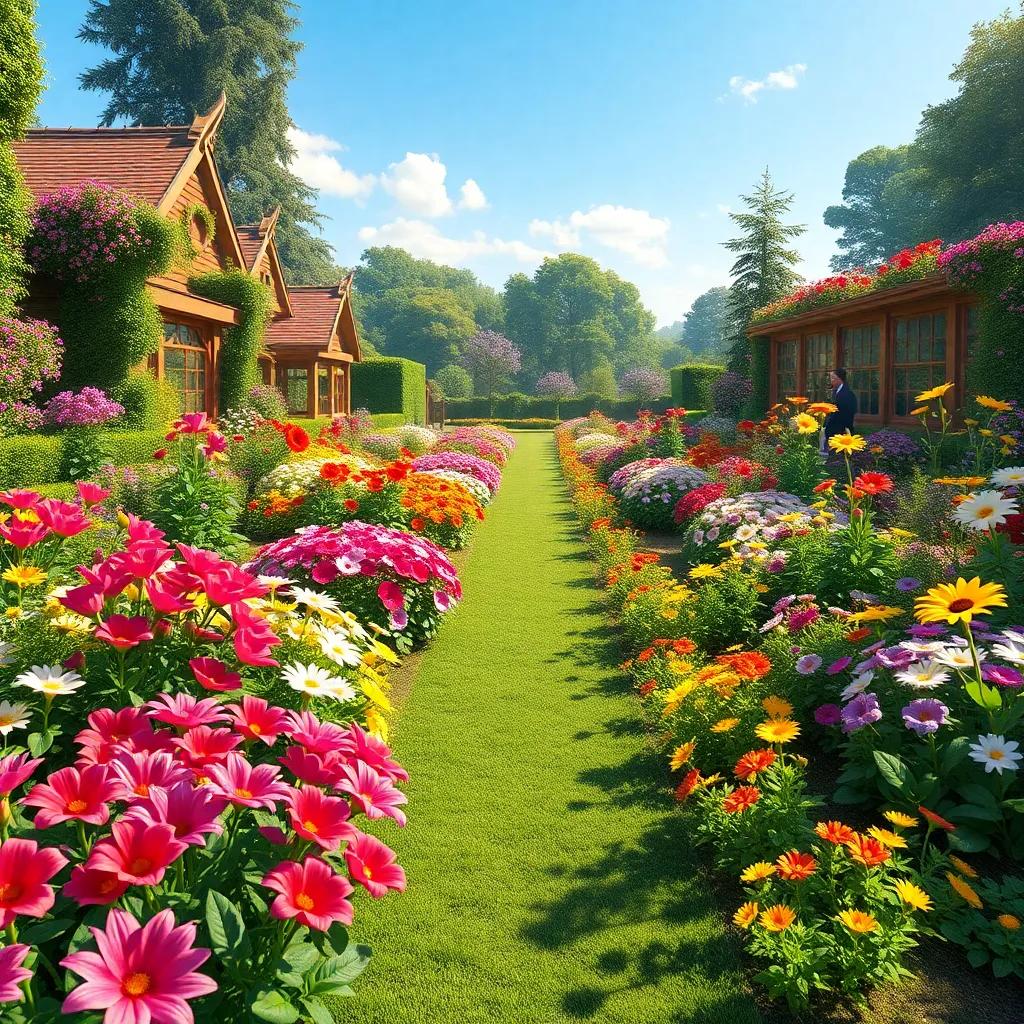 A magnificent garden prepared by royal gardeners, flowers in special spots ready to bloom, vibrant colors and lovely smells, bright sunny day, magical digital art, inviting atmosphere