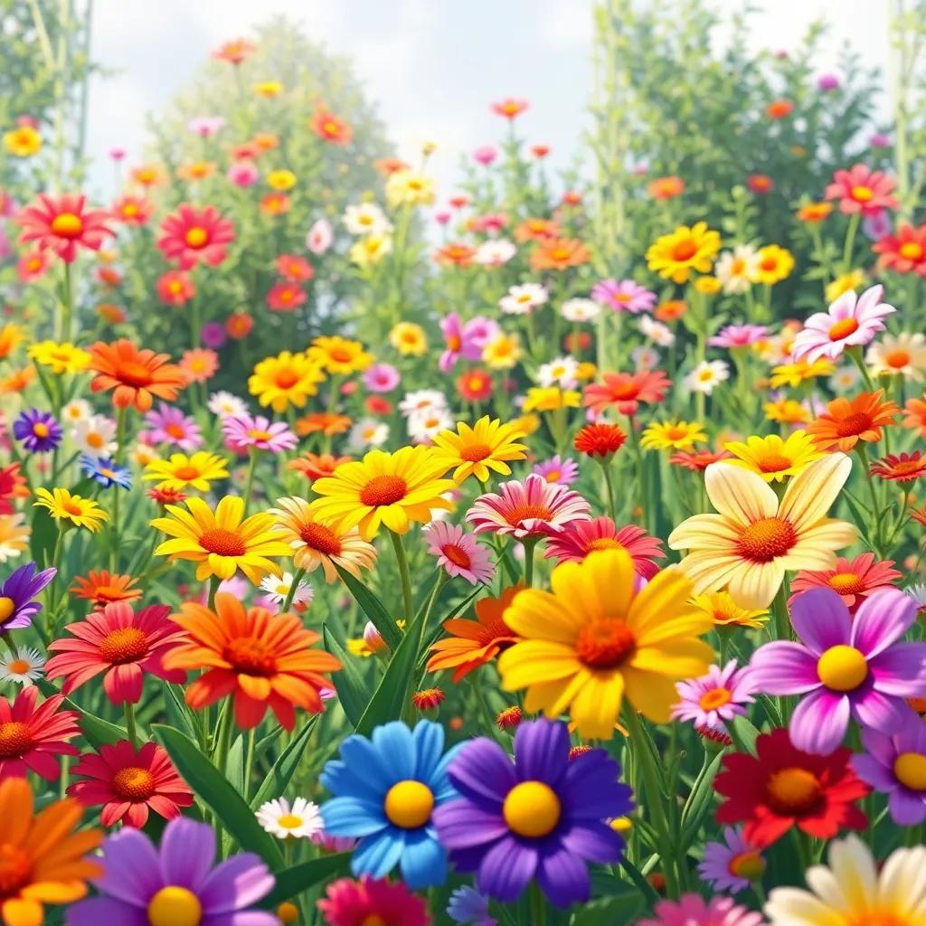 A colorful garden filled with flowers in full bloom, laughter and dance in the air, flowers of all shapes and sizes, capturing a sense of joy, digital illustration, lively and bright