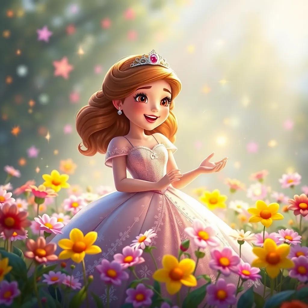 The princess announcing her choice with all flowers around her, flowers rejoicing, colorful scene with sparkles of joy, heartwarming atmosphere, digital art, vibrant