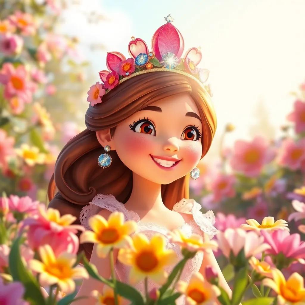 The princess wearing a tiara made of petals from each flower, sparkling in the sun, surrounded by the flowers, joyful celebration, bright colors, enchanting digital art, high quality
