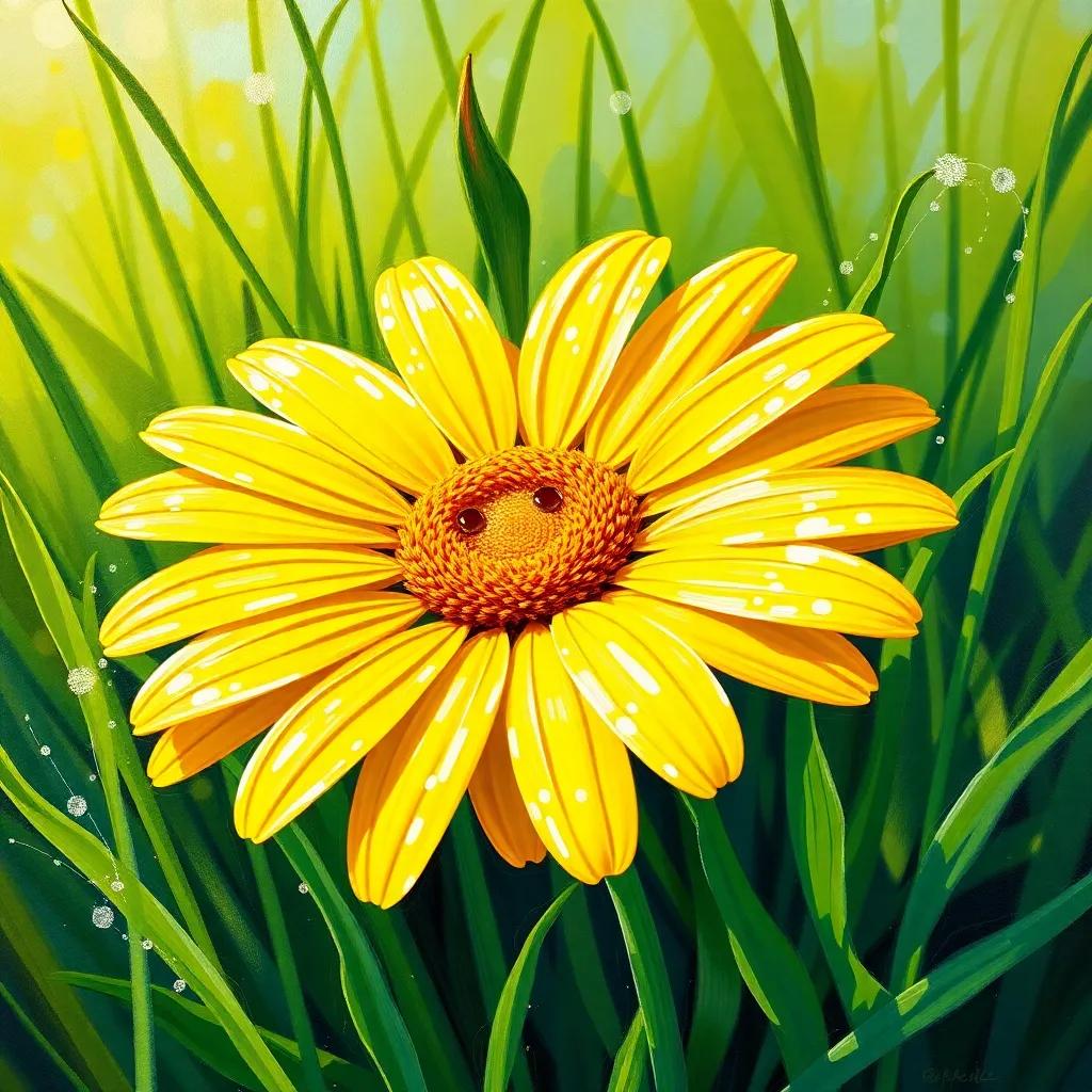 Daisy, a cheerful flower from England, with sunny yellow petals and a bright smile, dancing in the breeze among green grass, vibrant, whimsical, joyful lighting, cheerful colors, artistic