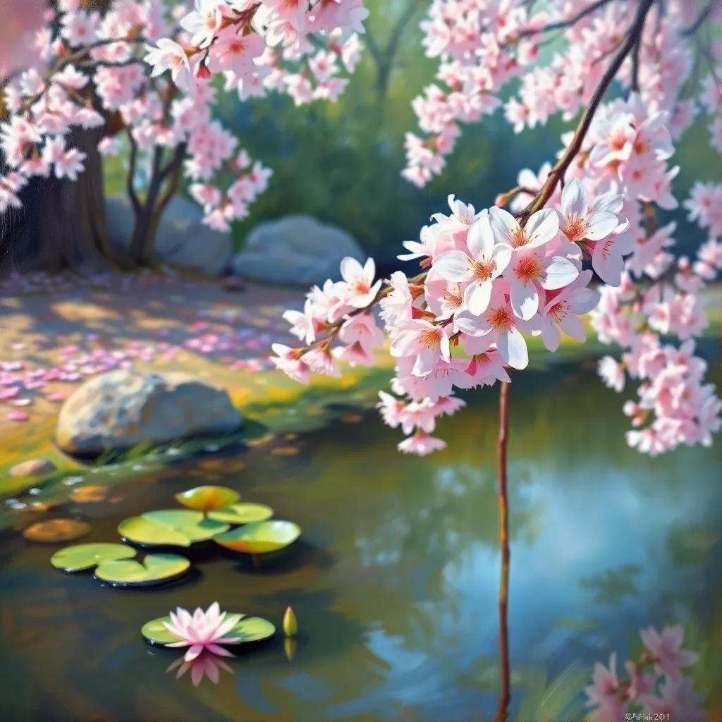 Sakura, a delicate flower from Japan, with gentle pink blossoms, standing gracefully beside a small pond with lily pads, soft light, pleasing colors, serene and calm environment, beautiful