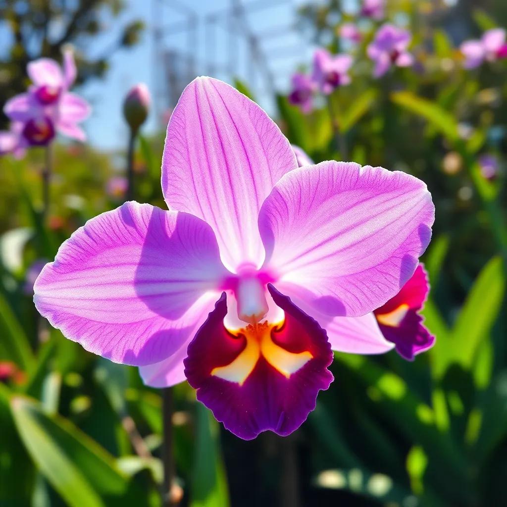 Zara, an exotic orchid from Africa, vibrant purple and white petals, catching sunlight in a lush green garden, attention-grabbing, enchanting, vivid colors, high quality