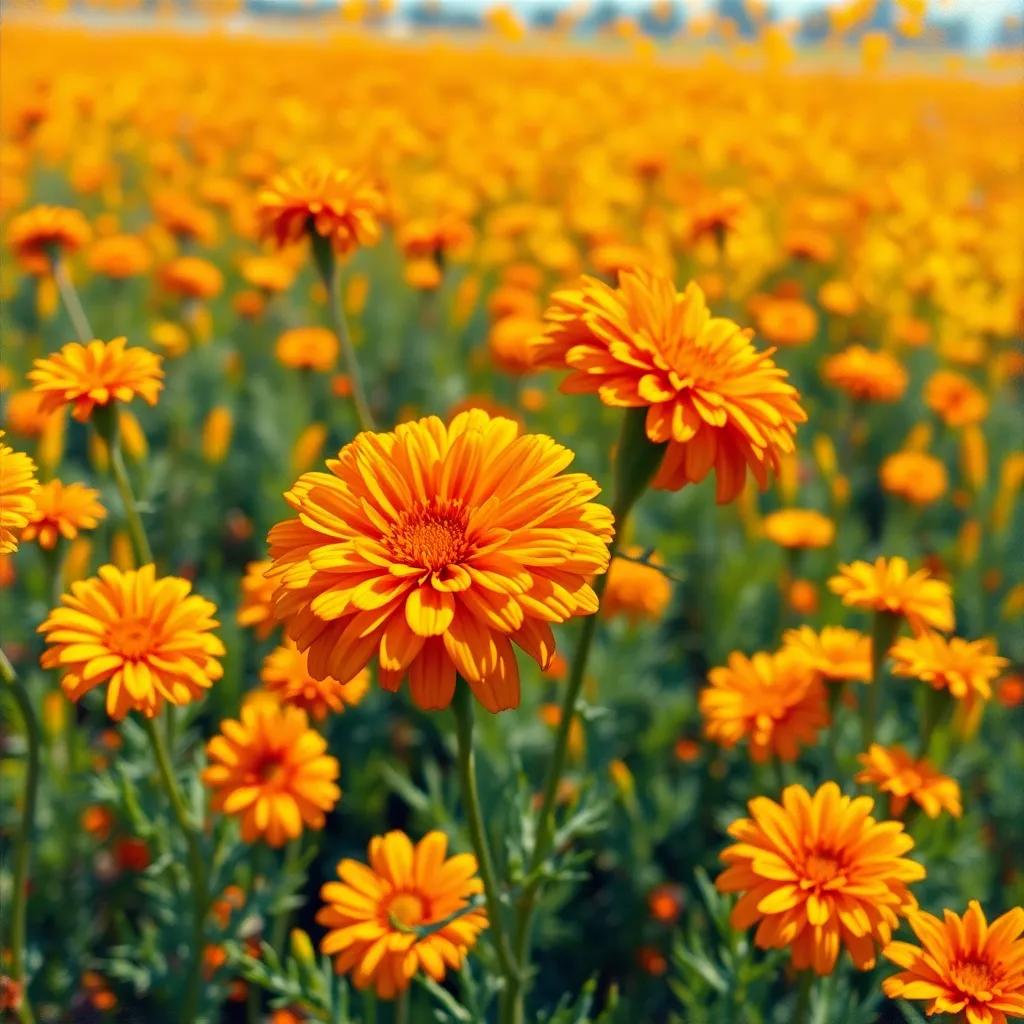 Rajah, a captivating marigold from India, bright orange and yellow petals, happily dancing in a colorful field, warm sunlight, joyful atmosphere, lively and vibrant