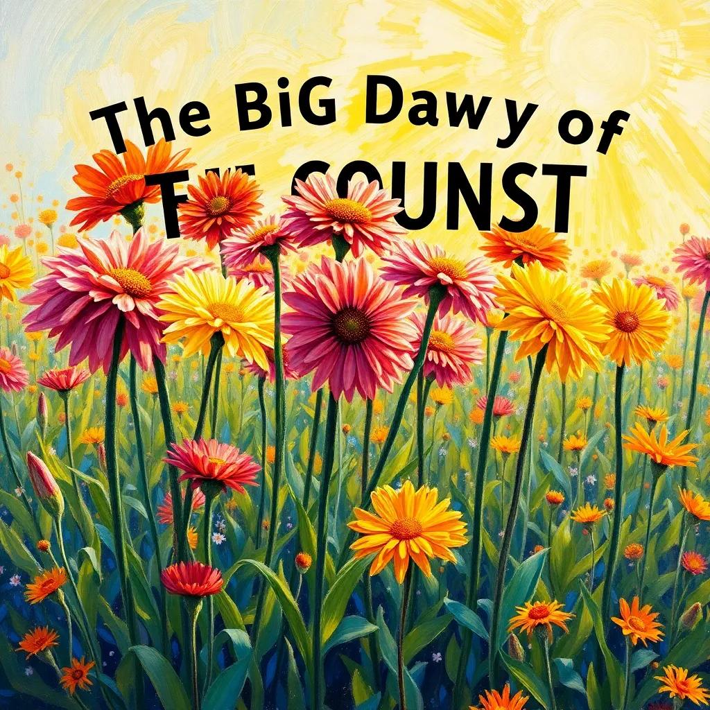 The big day of the contest, flowers standing tall in a bright garden, filled with excited energy, colorful and vibrant, sunlit atmosphere, joyful