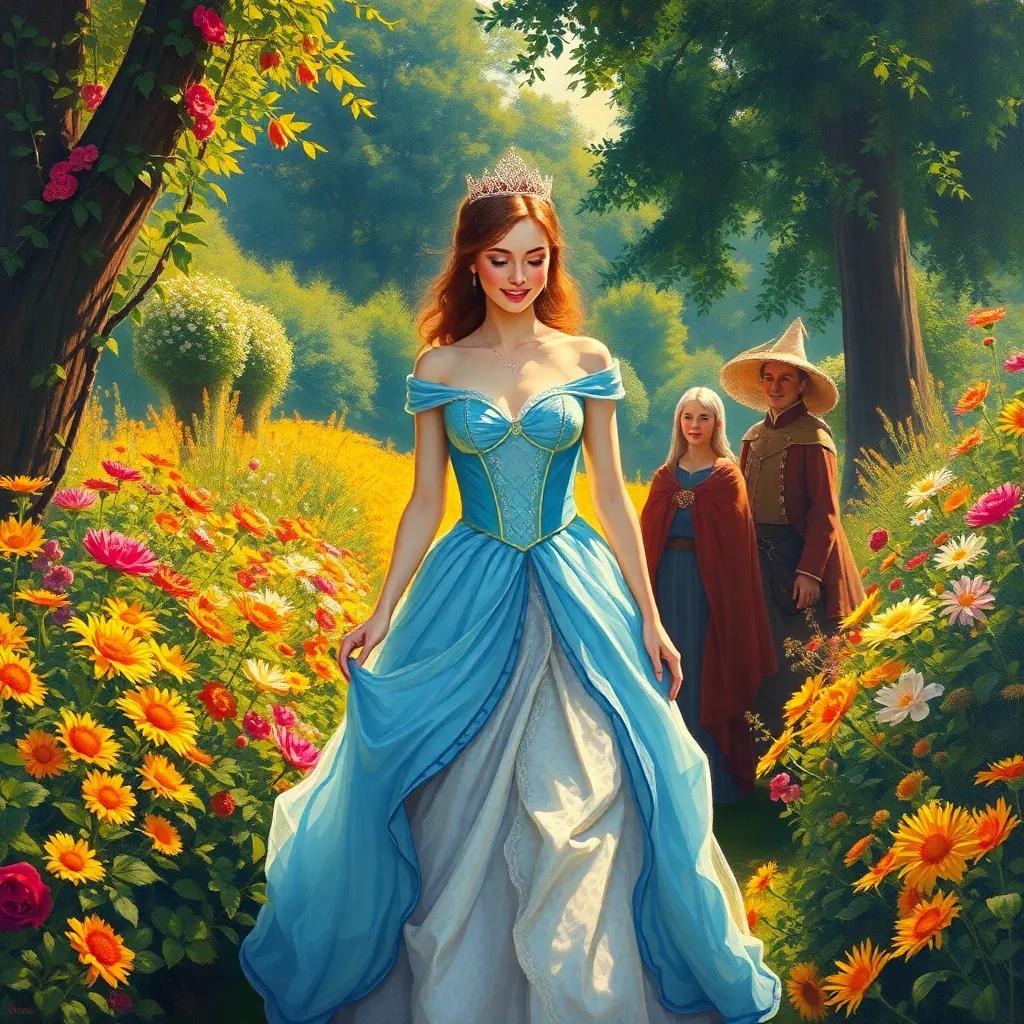 The princess walking through the garden, admiring the flowers with a smile, surrounded by loyal subjects, warm sunlight, beautiful setting, enchanting and magical
