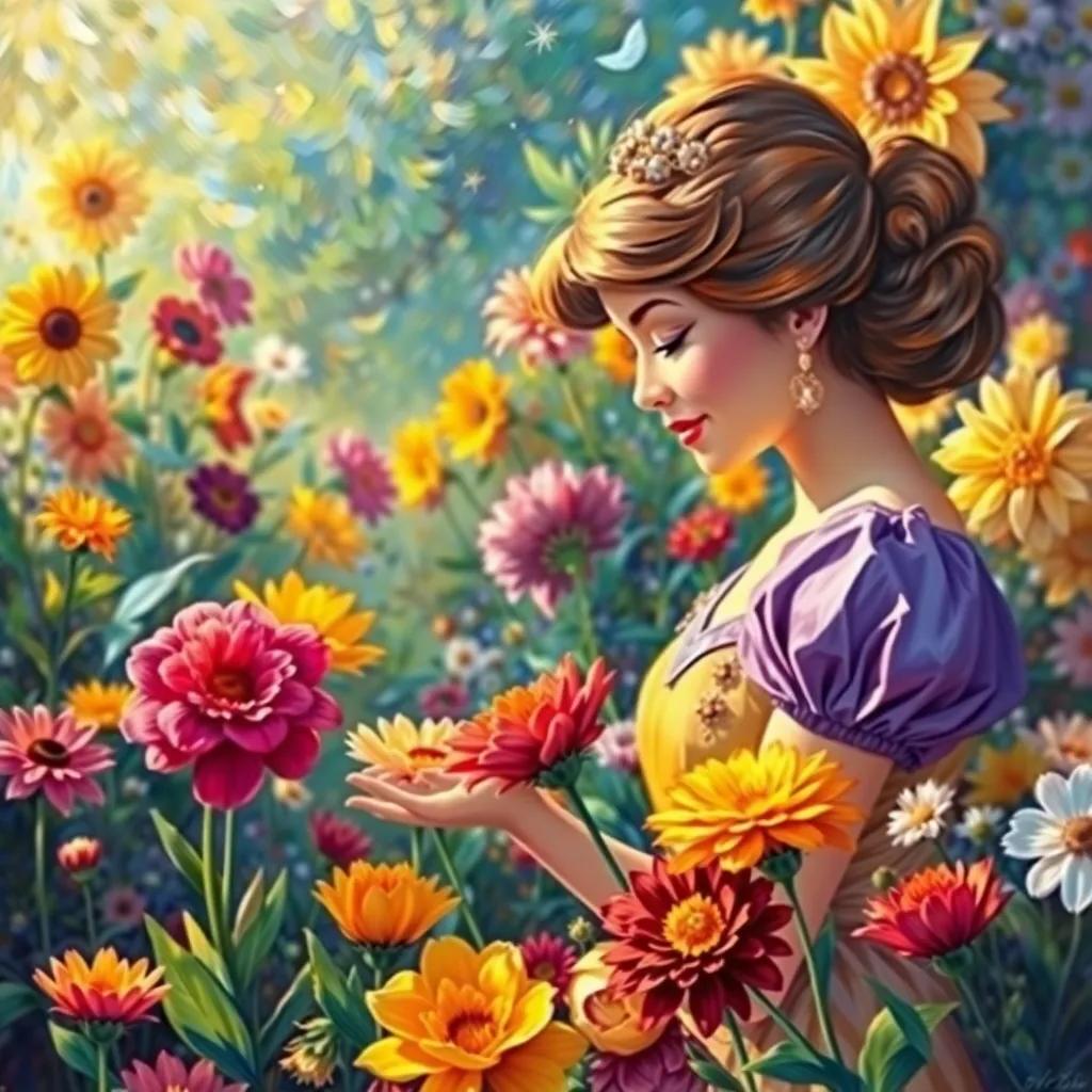 The princess making her decision, looking at each flower with love, colorful garden around her, warm and inviting, joyful light, cheerful colors