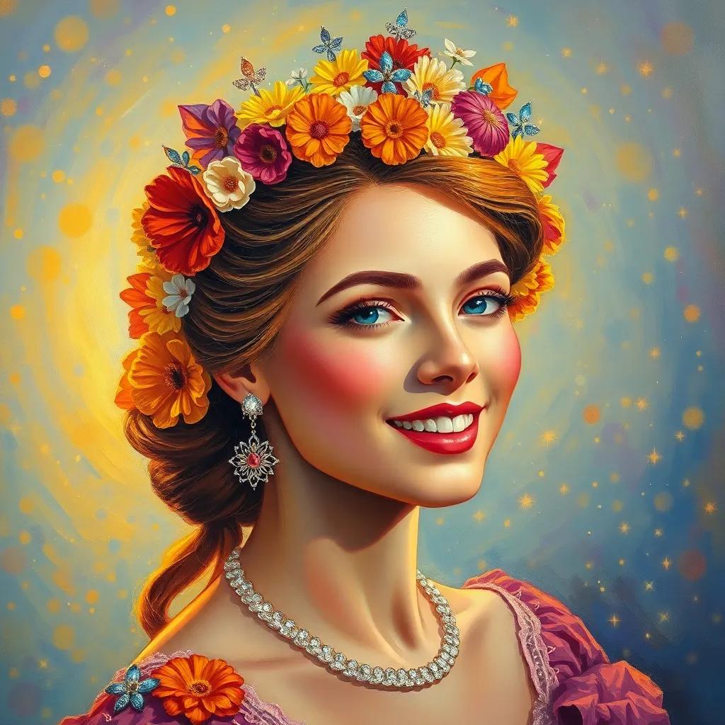 The princess wearing a tiara made of petals from all flowers, sparkling in the sun, showcasing unity and beauty, warm light, vibrant and happy atmosphere, high quality