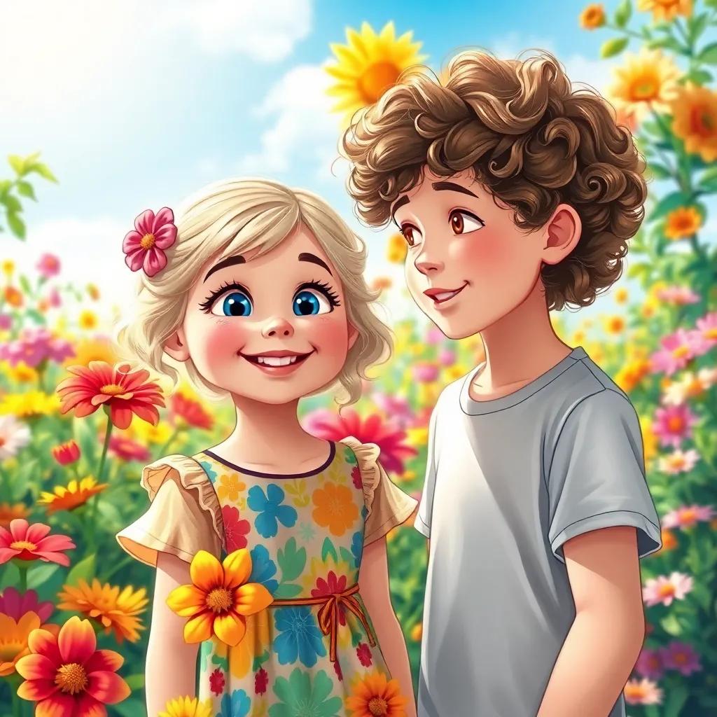 A cheerful girl, Lily, with bright blue eyes and a wide smile, wearing a colorful dress, standing in a vibrant flower garden, talking to her friend, a thoughtful boy, Max, with curly brown hair in a t-shirt, surrounded by colorful flowers, sunny day, digital art, joyful atmosphere, high quality