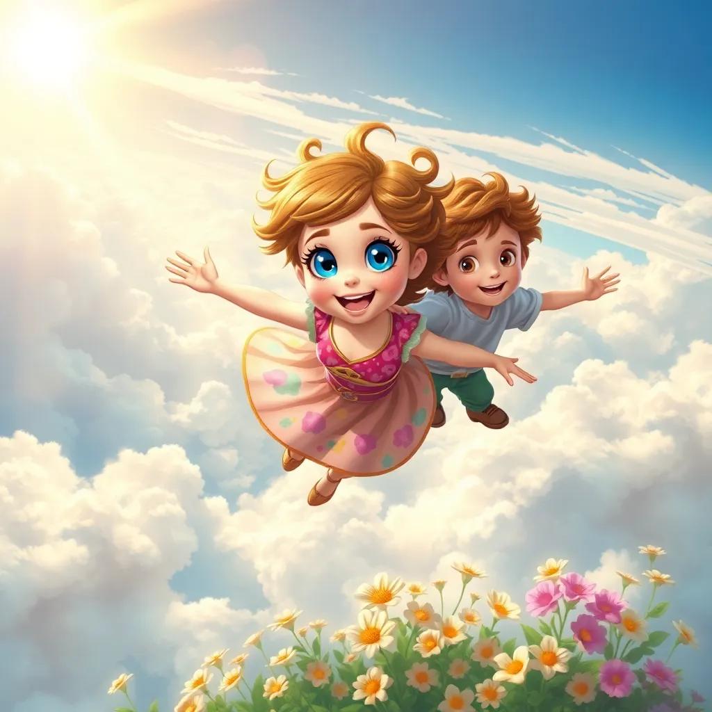 Lily, a cheerful girl with bright blue eyes and a colorful dress, flying above the clouds with her friend Max, a boy with curly brown hair in a t-shirt, delightful scenery of the sky and blooming flowers below them, golden sunlight, digital art, whimsical and vibrant, high quality