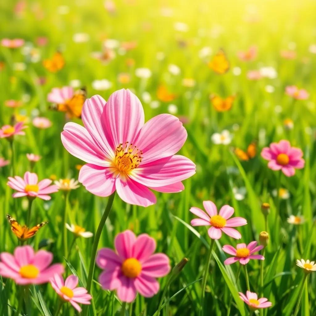 A beautiful pink flower blooming in a sunny meadow filled with vibrant green grass and colorful butterflies, digital art, bright, cheerful atmosphere, high quality