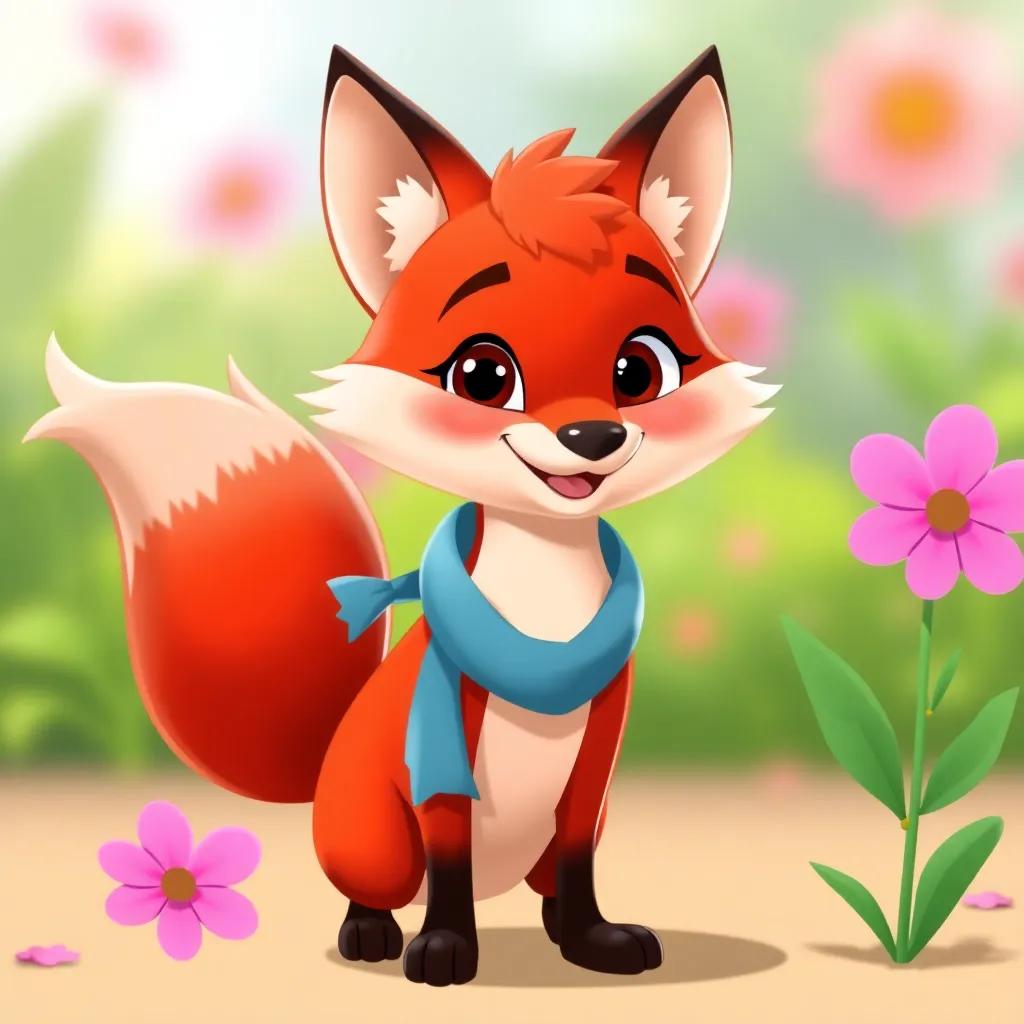 A clever fox with red fur and a bushy tail, standing proudly next to the pink flower, wearing a small blue scarf, cheerful expression, cartoon style, bright colors, smiling